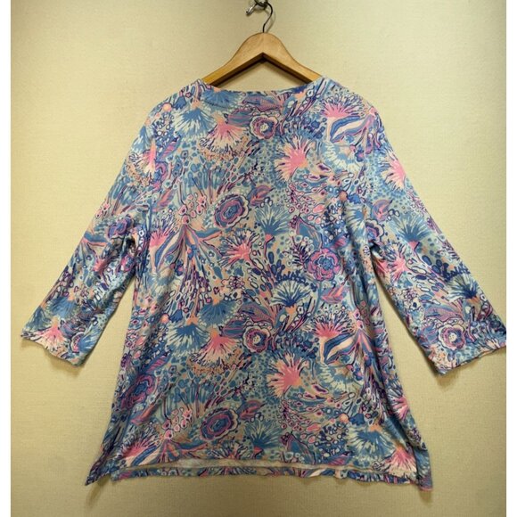 Talbots Lace Trim Tunic Flowing Floral Blouse Womens XL Blue 3/4 Sleeves Boho - Picture 9 of 11